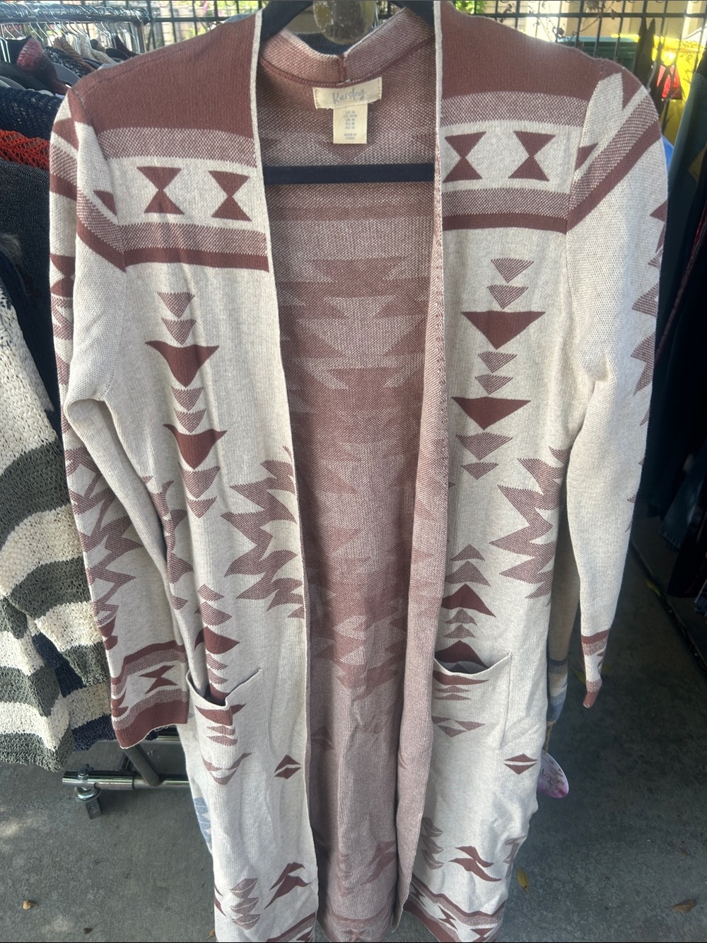 Kensie Mauve and Beige Aztec Open-Front Cardigan